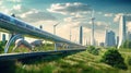 Futuristic Hyperloop Train with Integrated Solar Collectors and Wind Turbine in Modern City Background.