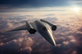 futuristic hypersonic aircraft soaring above clouds