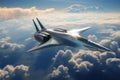 futuristic hypersonic jet flying above clouds