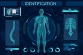 Futuristic identification process flat illustration. Smart recognition system, full body scan. Human digital model