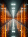 Futuristic illuminated data center corridor with rows of server racks and vibrant orange led lights reflecting on the glossy floor Royalty Free Stock Photo
