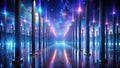 A futuristic illuminated pathway lined with tall, slender pillars under a vibrant, starlit sky, reflecting in a polished surface. Royalty Free Stock Photo
