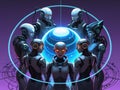 Futuristic illustration of AI agent robot group round a space shiny ball