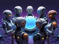 Futuristic illustration of AI agent robot group round a space shiny ball