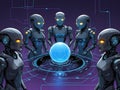 Futuristic illustration of AI agent robot group round a space shiny ball
