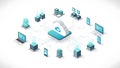 A futuristic illustration of cloud computing and data storage with various devices connected Royalty Free Stock Photo