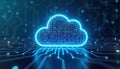 Futuristic illustration of cloud migration project. Glowing cloud symbol with binary code highlights infrastructure transition to