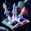 A futuristic illustration of a digital textbook with holographic pages displaying 3D models of rockets launching from planets