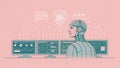 futuristic illustration of humanoid robot monitoring data on multiple screens, showcasing technology and cybersecurity