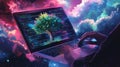 Futuristic Illustration of Laptop with Nature and Coding Royalty Free Stock Photo