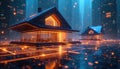 Futuristic illustration presents smart homes. Digital city with glowing lines and futuristic architecture. Modern design with Royalty Free Stock Photo