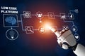 Futuristic Illustration of a Robotic Hand Interacting with Low Code Platform Flowchart Showcasing Visual Programming and Royalty Free Stock Photo