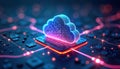 Futuristic illustration shows cloud computing, blockchain tech interconnected. Vibrant digital currency network on tech circuit