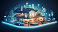 Futuristic illustration of a smart home connected with autonomous cars, surrounded by interactive tech icons in a networked Royalty Free Stock Photo