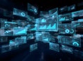 Futuristic Data Visualization of Global Business Analytics and Financial Performance on Multiple Holographic Screens Royalty Free Stock Photo