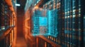 Digital Book Interface Hologram Over Bookshelf in Library