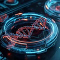A futuristic image showcases advanced technology and genetics in a high-tech lab setting, featuring a glowing DNA-like