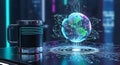 AI World: Digital Globe and Smart Mug on Futuristic Circuitry Royalty Free Stock Photo