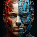 Split face of a humanoid robot showcasing cybernetic and mechanical contrast Royalty Free Stock Photo
