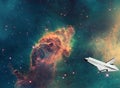 A spacecraft tourism shuttle traveling across Carina Nebula, space tourism concept near future