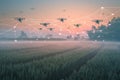 A futuristic image where drones hover above a field, connected by a web of white lines, indicating advanced agricultural