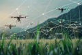 A futuristic image where drones hover above a field, connected by a web of white lines, indicating advanced agricultural
