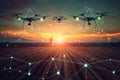 A futuristic image where drones hover above a field, connected by a web of white lines, indicating advanced agricultural