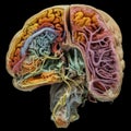 Futuristic incision of human brain with variety of different color veins and vessels