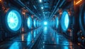 Futuristic industrial corridor with glowing blue fusion reactors on both sides. Clean energy power generation, advanced tech and Royalty Free Stock Photo