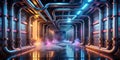 A futuristic industrial corridor with neon lights and steam reflecting on a polished floor. Generative AI Royalty Free Stock Photo