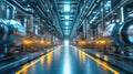 A futuristic industrial hallway lined with glowing machinery Royalty Free Stock Photo