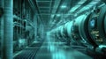 A futuristic industrial hallway lined with glowing machinery Royalty Free Stock Photo