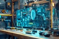 Futuristic Industrial Workshop table with Blueprint Scale Design on holographic display and equipment Royalty Free Stock Photo