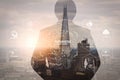 Double exposure of success businessman using smart phone with Lo