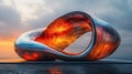 Futuristic infinite loop sculpture against a sunset backdrop.