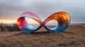 Futuristic infinite loop sculpture against a sunset backdrop.