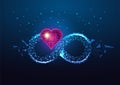 Futuristic infinite love concept with glowing red heart shape and infinity symbol on dark blue