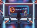 Futuristic Infographic Studio with Sleek Robotic Tools and Neon Data Visualizations
