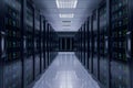 Futuristic infrastructure data center displays network servers in orderly row