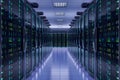 Futuristic infrastructure data center displays network servers in orderly row