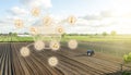 Futuristic innovative technology pictogram and a farmer on a tractor. Development of technology improvements. Agricultural Royalty Free Stock Photo