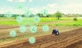 Futuristic innovative technology pictogram and a farmer on a tractor. Science of agronomy. Farming and agriculture startups. Royalty Free Stock Photo