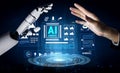Futuristic Interaction Between Human and AI Technology with Hands and Digital User Interface Elements Displaying Royalty Free Stock Photo