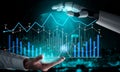 Futuristic Interaction Between Human Hand and Robot Hand Over Data Visualization with Graphs and Digital Elements Scalp Royalty Free Stock Photo