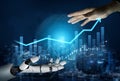 Futuristic Interaction Between Human Hand and Robot Hand Over Technology Data Analysis with Graphs and Digital Overlay Royalty Free Stock Photo