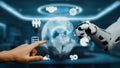 Futuristic Interaction Between Human Hand and Robotic Arm with Digital Globe and Data Icons in High-Tech Business Royalty Free Stock Photo
