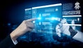 Futuristic Interaction Between Human Hand and Robotic Arm on Digital Interface with Advanced Data Visualization and Royalty Free Stock Photo