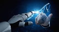 Futuristic Interaction Between Human Hand and Robotic Hand with Data Visualization in Background Impute Royalty Free Stock Photo