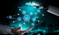 Futuristic Interaction Between Human Hand and Robotic Hand with Digital Connectivity Symbols Representing Technology and Royalty Free Stock Photo