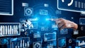 Futuristic Interaction between Human Hand and Robotic Hand in a Digital Environment with Data Visualizations and Graphs Royalty Free Stock Photo